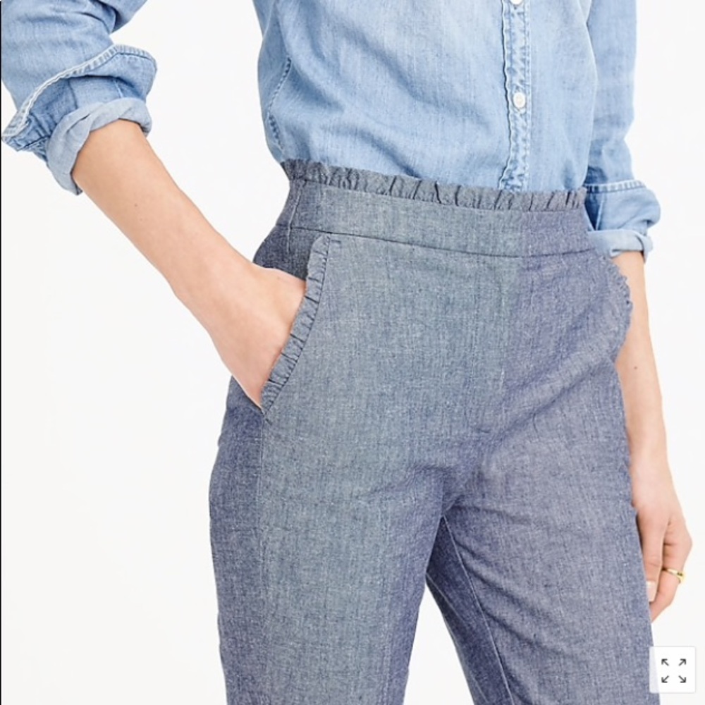 J Crew Cropped Chambray Ruffle Pant 00